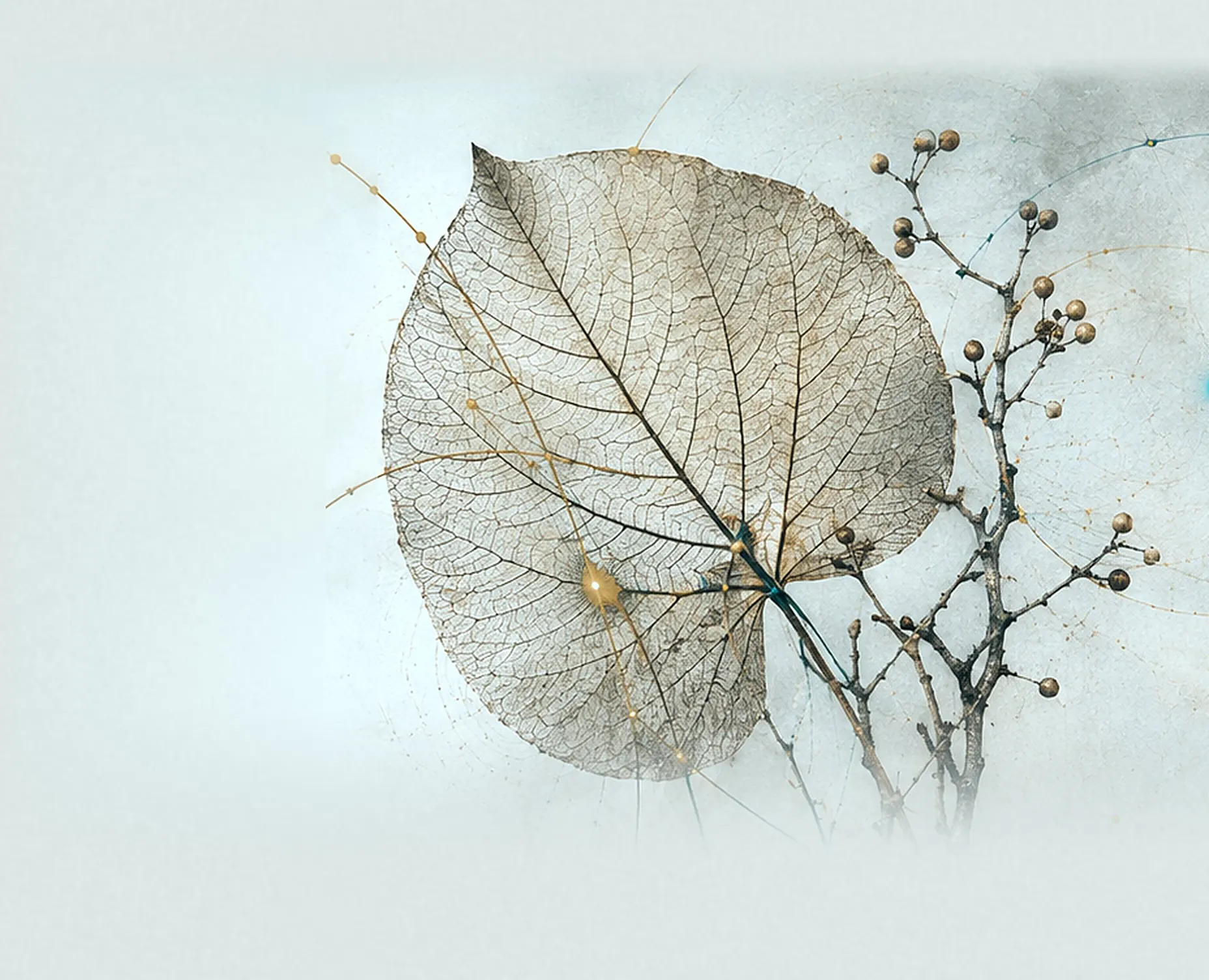 A skeletonised leaf and a bare seed-head branch, their veins and branches converging on a single point